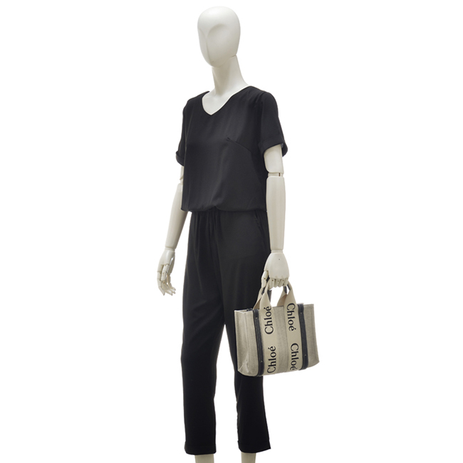 クロエ CHLOE WOODY LOGO スモール リボン付き コットンキャンバスバッグ ホワイト×ネイビー CHC21US385 E66 91J