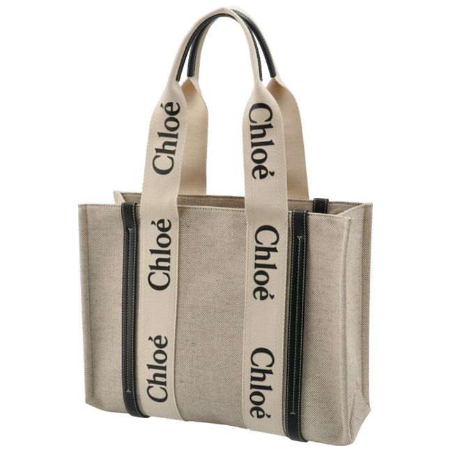 クロエ CHLOE トートバッグ WOODY LOGO ミディアム リボン付き コットンキャンバスバッグ ホワイト×ネイビー CHC21US383 E66 91J