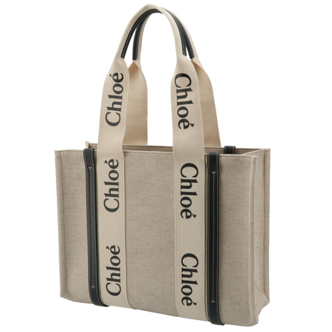 クロエ CHLOE トートバッグ WOODY LOGO ミディアム リボン付き コットンキャンバスバッグ ホワイト×ネイビー CHC21US383 E66 91J