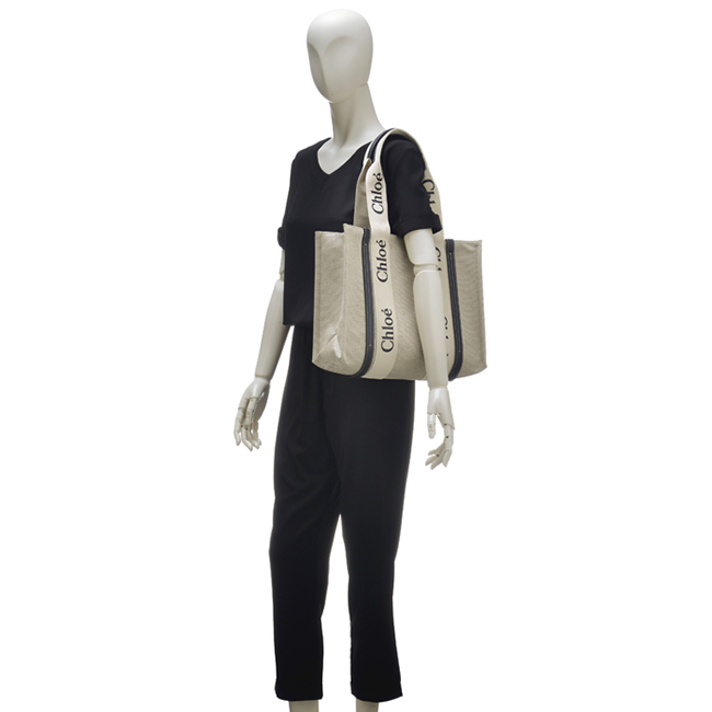 クロエ CHLOE トートバッグ WOODY LOGO ミディアム リボン付き コットンキャンバスバッグ ホワイト×ネイビー CHC21US383 E66 91J