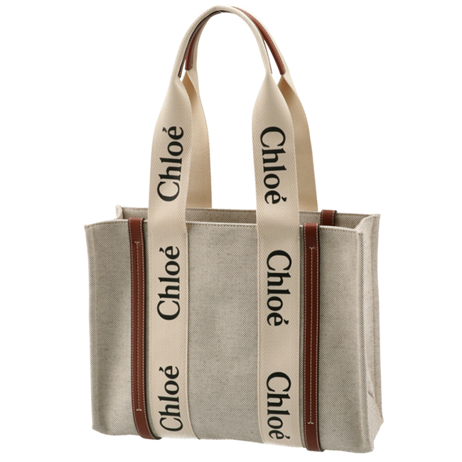 クロエ CHLOE トートバッグ WOODY LOGO ミディアム リボン付き コットンキャンバスバッグ ホワイト×ブラウン CHC21US383 E66 90U