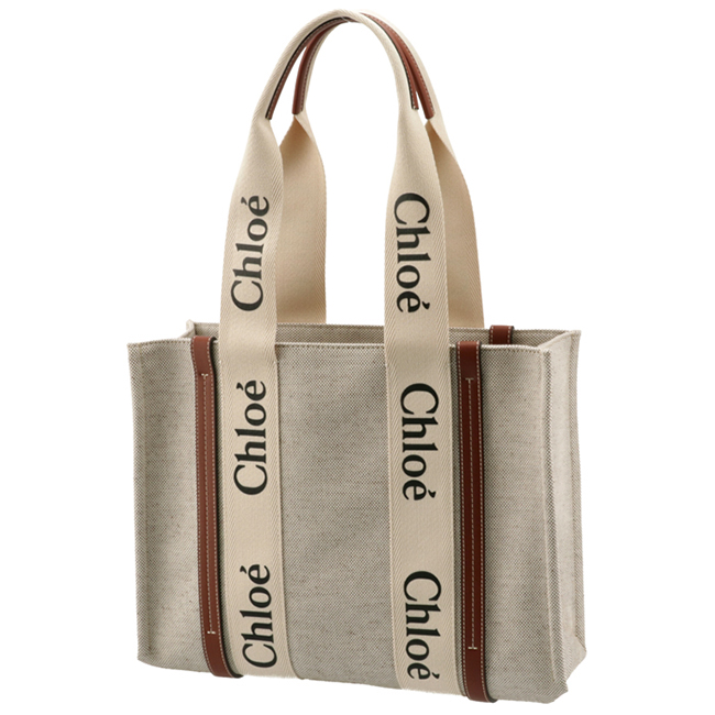 クロエ CHLOE トートバッグ WOODY LOGO ミディアム リボン付き コットンキャンバスバッグ ホワイト×ブラウン CHC21US383 E66 90U