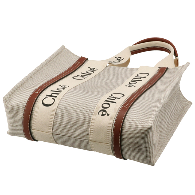 クロエ CHLOE トートバッグ WOODY LOGO ミディアム リボン付き コットンキャンバスバッグ ホワイト×ブラウン CHC21US383 E66 90U
