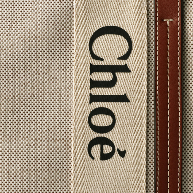クロエ CHLOE トートバッグ WOODY LOGO ミディアム リボン付き コットンキャンバスバッグ ホワイト×ブラウン CHC21US383 E66 90U