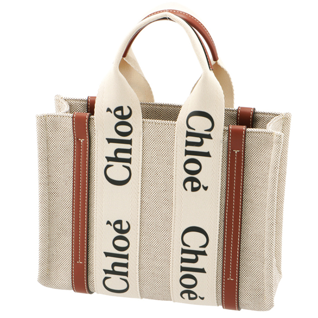 クロエ CHLOE WOODY LOGO スモール リボン付き コットンキャンバスバッグ ホワイト×ブラウン CHC21US385 E66 90U