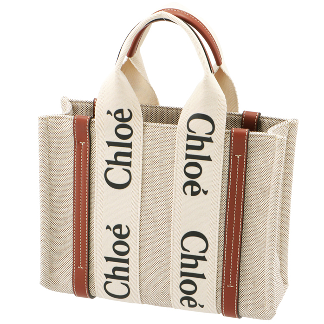 クロエ CHLOE WOODY LOGO スモール リボン付き コットンキャンバスバッグ ホワイト×ブラウン CHC21US385 E66 90U