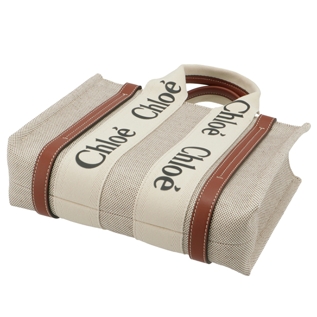 クロエ CHLOE WOODY LOGO スモール リボン付き コットンキャンバスバッグ ホワイト×ブラウン CHC21US385 E66 90U