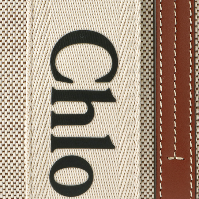 クロエ CHLOE WOODY LOGO スモール リボン付き コットンキャンバスバッグ ホワイト×ブラウン CHC21US385 E66 90U