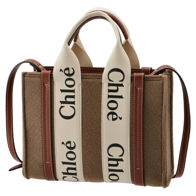 クロエ CHLOE ショルダーバッグ WOODY LOGO スモール リボン付き リサイクルフェルト ブラウン系 CHC21WS397 F37 26E