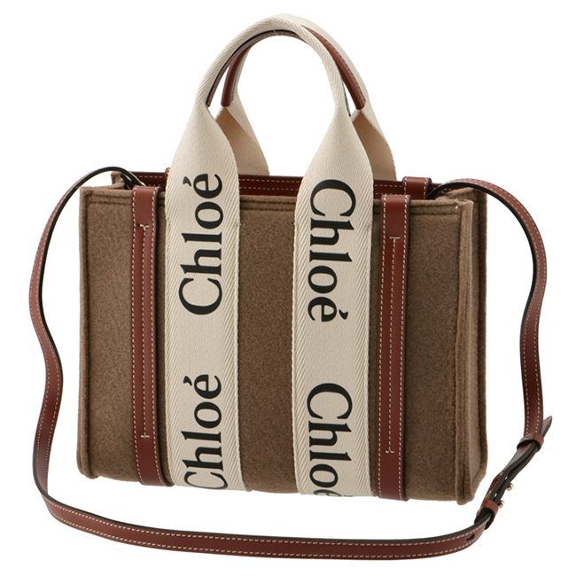 クロエ CHLOE ショルダーバッグ WOODY LOGO スモール リボン付き リサイクルフェルト ブラウン系 CHC21WS397 F37 26E