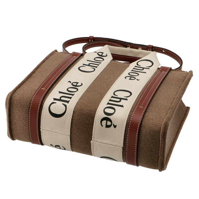 クロエ CHLOE ショルダーバッグ WOODY LOGO スモール リボン付き リサイクルフェルト ブラウン系 CHC21WS397 F37 26E