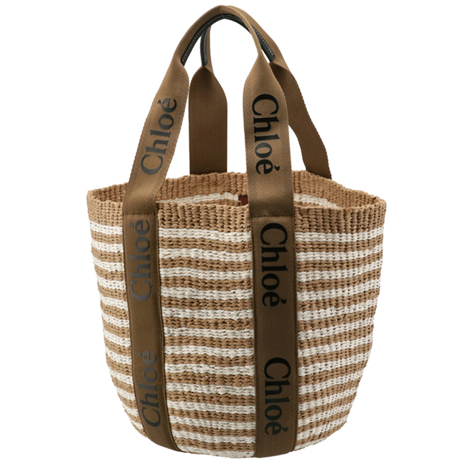 クロエ CHLOE トートバッグ WOODY LOGO ラージ バスケット リボン付き かごバッグ ブラウン系 CHC21US380 E65 20F