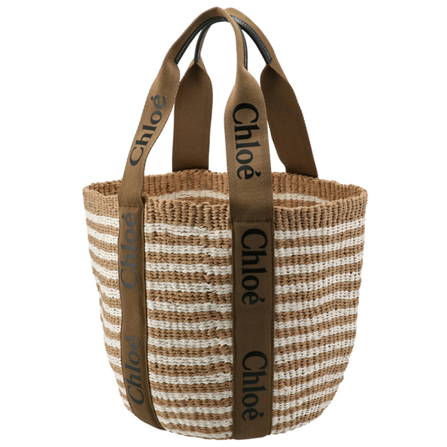 クロエ CHLOE トートバッグ WOODY LOGO ラージ バスケット リボン付き かごバッグ ブラウン系 CHC21US380 E65 20F