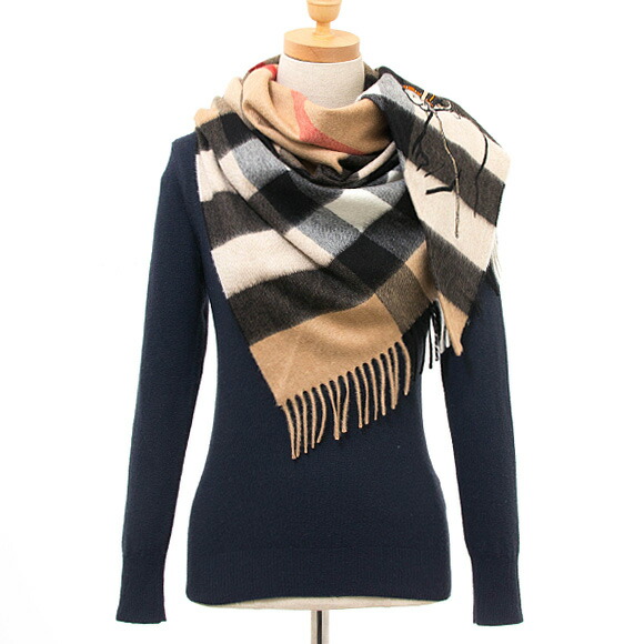 バーバリー BURBERRY カシミア（カシミヤ）バンダナストール キャメルチェック 80244821